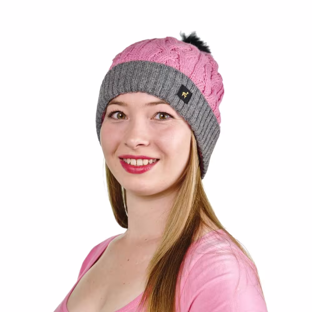 Damen M&uuml;tze Andrea 100% Baby Alpaka mit Bommel und Zopfmuster One Size f&uuml;r Kopfgr&ouml;&szlig;en S-XL