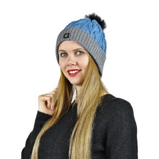 Damen Mütze Andrea 100% Baby Alpaka mit Bommel und Zopfmuster One Size für Kopfgrößen S-XL
